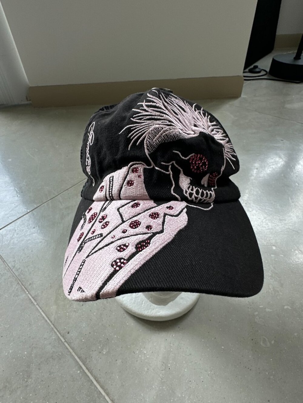 Ed Hardy Christian Audigier Trucker Hat Pink Mohawk Skull Rhinestone Black Y2K